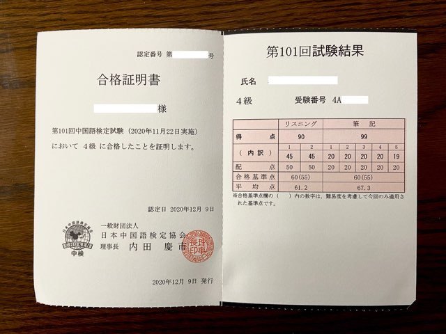 中検定の合格証明書