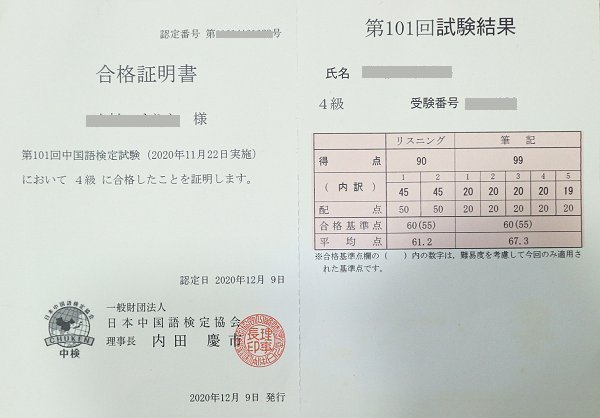中国語検定試験４級　結果　合格